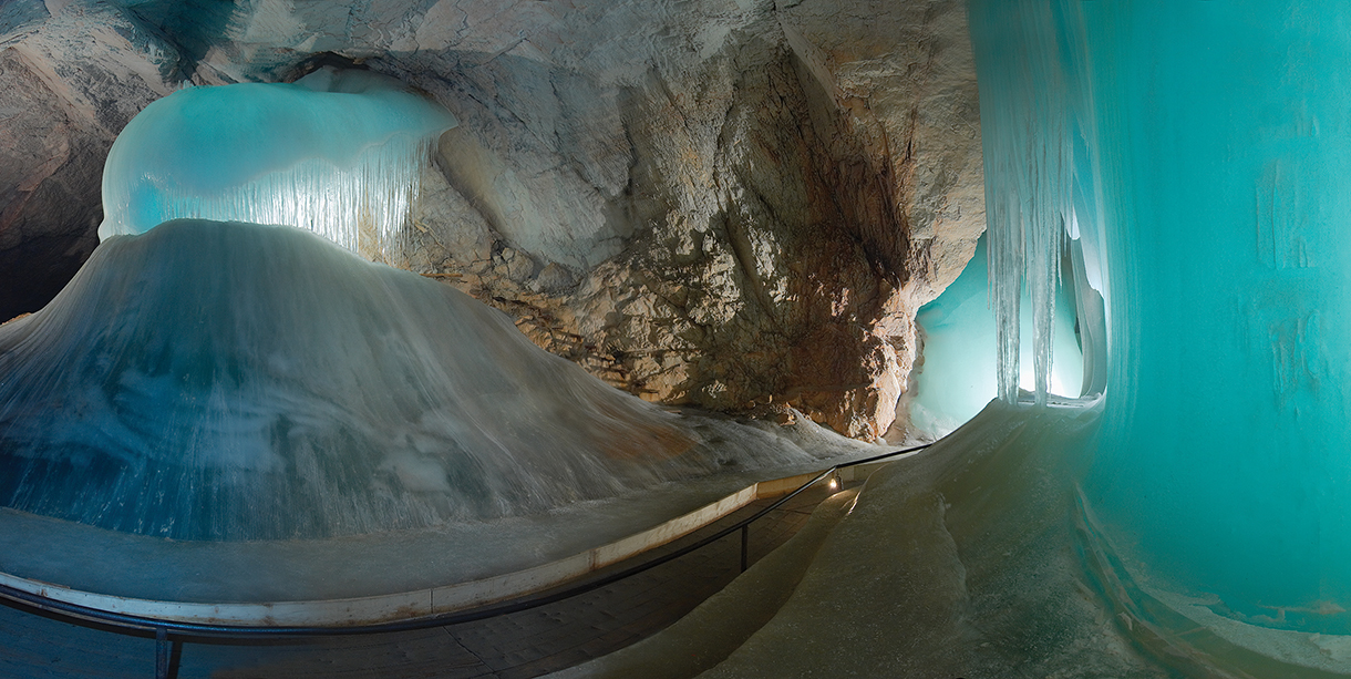 Natural ice sculptures and formations inside ice cave